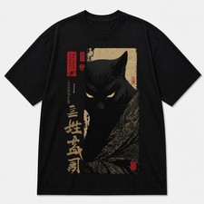 Japanese Samurai Black Cat Vintage Anime Streetwear Cotton T-Shirt picture