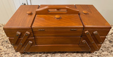 1940 Expandable Wooden Sewing Box Multiple Drawers & Storage Compartments Walnut picture