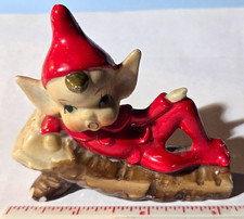 Vintage Ceramic Elf Figurine Reclining on Log, Red Outfit, Marked Japan picture