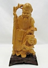 Vintage Chinese Fine Wood Carving of Shou Lao with Child God of Longevity picture