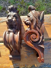 Pair Carved Wood Lion Head Corbels Architectural Salvage Wall Bracket Shelf picture