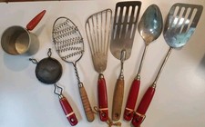 VTG Ekco A&J Red Wood Handle Kitchen Utensil Lot 7 Spatula Masher Strainer Cup picture