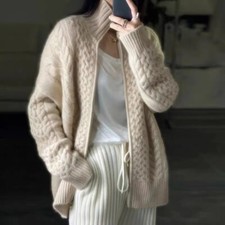 Cashmere Sweater Women's Turtleneck Zipper Knitted Cardigan Slouchy Loose Jumper picture