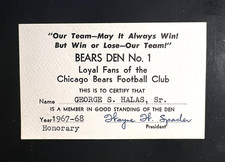GEORGE HALAS' OWNED ORIG. 1967 HONORARY BEARS DEN # 1 FAN CLUB MEMBERSHIP CARD picture
