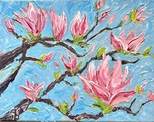 Sophie Dare, Original Art, 11X14 Acrylic Textured Canvas of Pink magnolias 1 picture