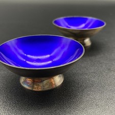 Vintage VB Denmark Sterling Silver Blue Enamel Bowl Pair of 2 picture