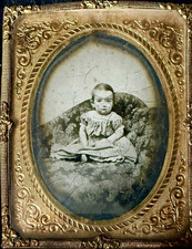 Cute Antique 6th Plate Tintype Photograph Portrait of Baby in Ornate Brass Matte picture