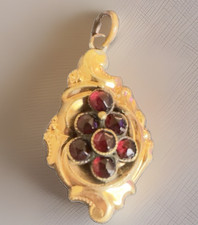 Antique Victorian Bohemian Garnet Pendant Brooch Gold Filled Repousse Rose Cut picture