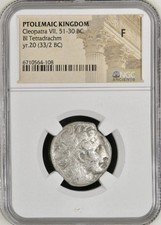 CLEOPATRA Egypt Pharaoh VII 33BC-32BC NGC Graded Fine Coin Ptolemy Genuine Rare picture