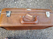 Vintage Sears 1970s Brown Hard Faux Leather Suitcase Locking, Straps 40L picture
