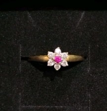 Vintage 10K Yellow Gold Ruby & Diamond Cluster Flower Ring Estate Fine Jewelry picture