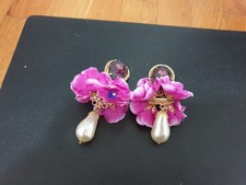 Dolce & Gabbana Flower Clip On Earrings Fuchsia Silk Purple Crystal Faux Pearl picture