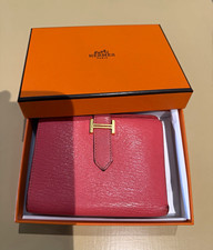 HERMÈS Pink Leather Wallet H Logo Gold Hardware Fold Zip Credit Card Slots picture