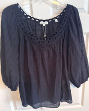 NWT MAX STUDIO, Plus 1X, Black Lace Trim Blouse Top 3/4 Sleeve, Beautiful $138 picture
