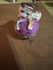 Limoges France Porcelain & Metal Cat on Purple Yarn Trinket Box picture