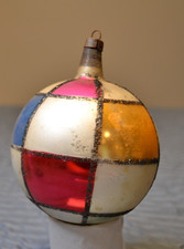 ANTIQUE POLISH MONDRIAN MERCURY GLASS HAND PAINTED CHRISTMAS ORNAMENT BALL large picture