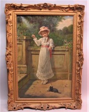 Fine 19th C. English Oil Painting D. W. HADDON Playing Kitten Cat, circa 1880* picture