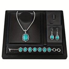 3 pcs Vintage Turquoise Bracelet Necklace Earrings Set Healing Stone Blue Party picture