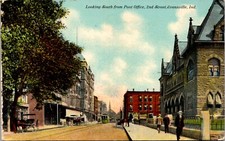 Evansville IN 2nd Street Looking South From Post Office Trolley 1912 Postcard picture