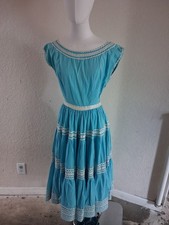 60s 70s Handmade Blue Dress With White Embellishments NO Tags picture