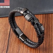 Men's Stainless Steel Genuine Leather Strength Fashion Bangle Wrap Bracelet Gift picture