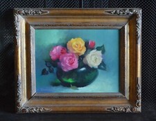 Marion Barnett (1913-1978) Still Life Oil Painting Yellow Pink  Roses in Vase picture