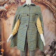 Vintage Pendleton 1960s Virgin Wool Plaid Cape Green Blue Button Front Coat picture