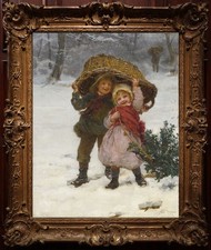 Antique Style Oil Painting Children in Snowy Winter Scene Classical Wall Art picture
