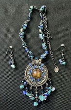 Vintage Blue Beaded Bohemian Pewter Tone Cabochon Necklace & Earrings Set MCM picture