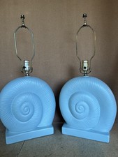 Set Of 2 - Vtg MCM Ceramic Nautilus Sea Shell Shaped Blue Table Lamps picture