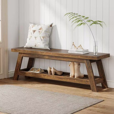 Rita Rustic Brown Wood Rectangular 2-Tier Entryway Bench Hallway Living Room Mod picture