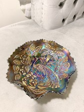 Antique Fenton Peacock & Urn ruffled Carnival Glass Bowl Iridescent Cobalt Blue picture