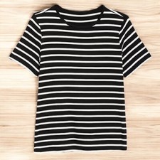 OLD NAVY LUXE PULLOVER T~SHIRT TOP - STRIPED SHORT SLEEVE CREW NECK BLACK/WHITE picture