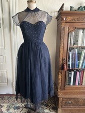 Vintage 1950s Navy Blue Layered Tulle Sequin Party Dress Sheer Peter Pan 26W picture