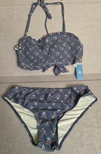 CUPSHE Blue Floral Smocked 2 PC Bikini Set Women's Size L Ruffle Bandeau NWT picture