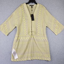 NWT BCBGMAXAZRIA Tunic Dress Women's Sz L Yellow Lace Up Embroidered V-Neck Mini picture