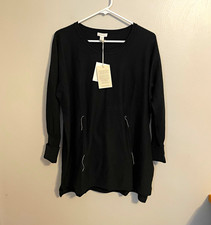 Garnet Hill Women’s Black Cotton Knit Crew Neck Pullover Sweater Pockets NWT picture