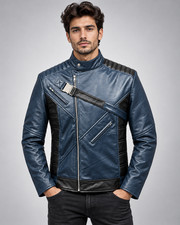 Men Navy Blue Leather Biker Jacket Motorcycle Moto Racing Jacket Zipper Coat picture