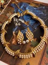 Pearl Necklace Earrings Set Gold Vintage Style Statement Jewelry Women picture