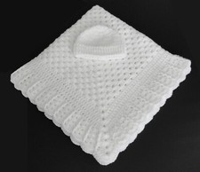 New Handmade Crocheted All White Baby Blanket w/Bonus Hat Christening Crib Gift picture