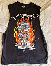Ed Hardy Men's Black Sleeveless Crew Neck Graphic Tiger Double-Sided Tee L picture