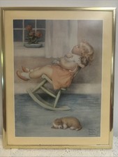 Vintage Bessie Pease Gutmann The Lullaby Framed Lithograph 11” X  14” Doll Puppy picture