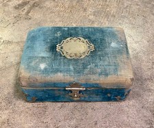 Antique Victorian Plush Blue Velvet Vanity Jewelry Box Tufted Satin Case picture
