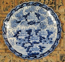 Large Antique Japanese Blue & White Imari Scalloped Charger 40cm Diameter picture
