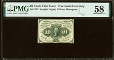 FR# 1243 Fractional 1862 Union Currency 10c Civil War 1st FIRST Issue, PMG 58 picture