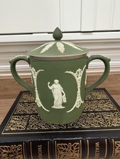 RARE Circa 1900 Wedgwood Olive Green Jasperware Condensed Milk or Jam Jar picture
