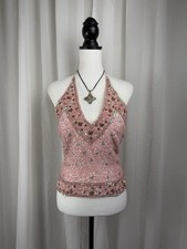 RARE Aftershock Vintage Y2K 100% Silk Pink Beaded Sequin Butterfly Halter Neck picture