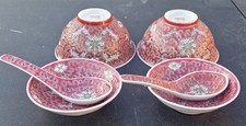2 VTG Chinese Mun Shou Rose Pink Longevity Rice Bowls With Saucers & Spoons picture