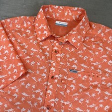 Columbia PFG Mens Small Orange Marlin Palm Tree Fishing Shirt Short Sleeve Vent picture