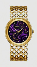MASTRI Women’s Gold-Tone Quartz Bracelet Watch Purple/Black Dial Diamond Markers picture